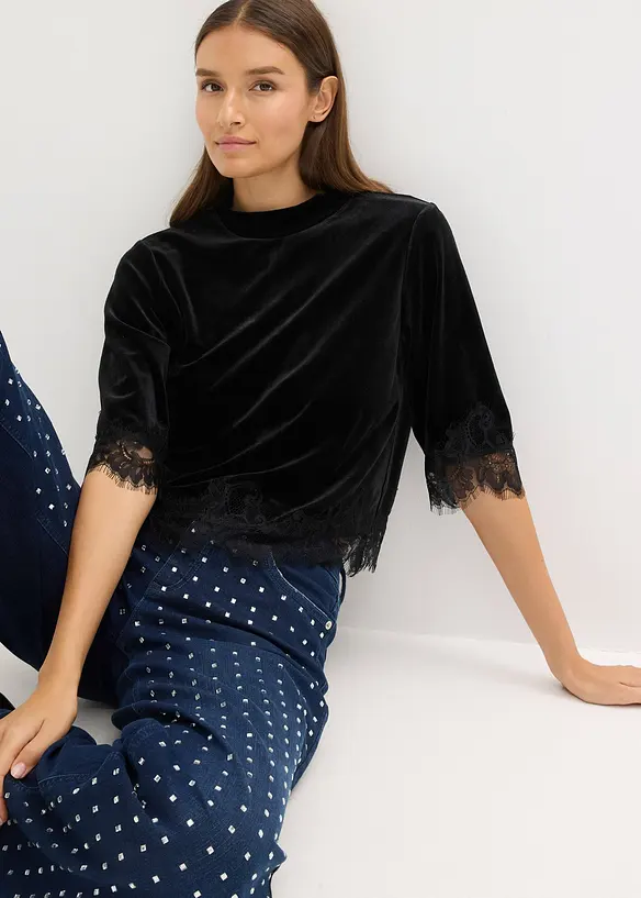 Shirt van fluweel met kant, bonprix