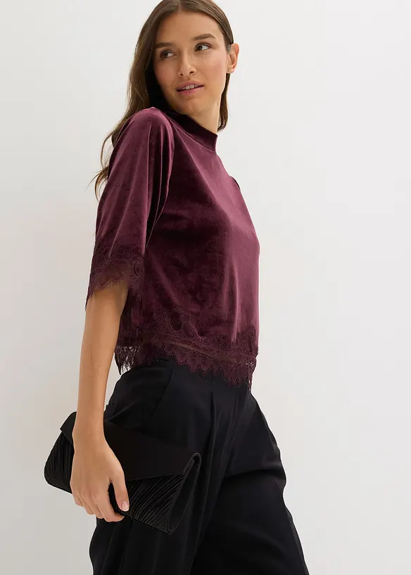 Shirt van fluweel met kant, bonprix