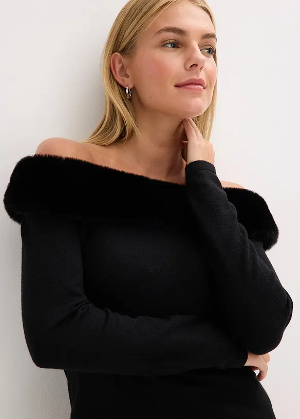 Gebreide jurk met rand van imitatiebont, bonprix