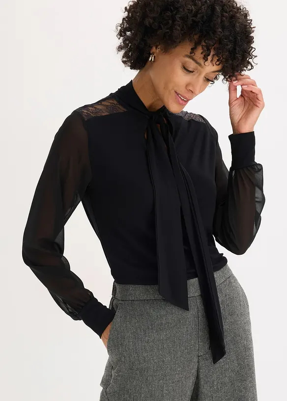 Shirt met strik en kant, bonprix