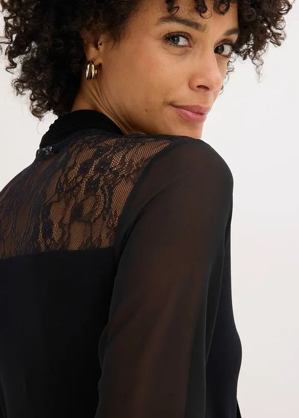 Shirt met strik en kant, bonprix