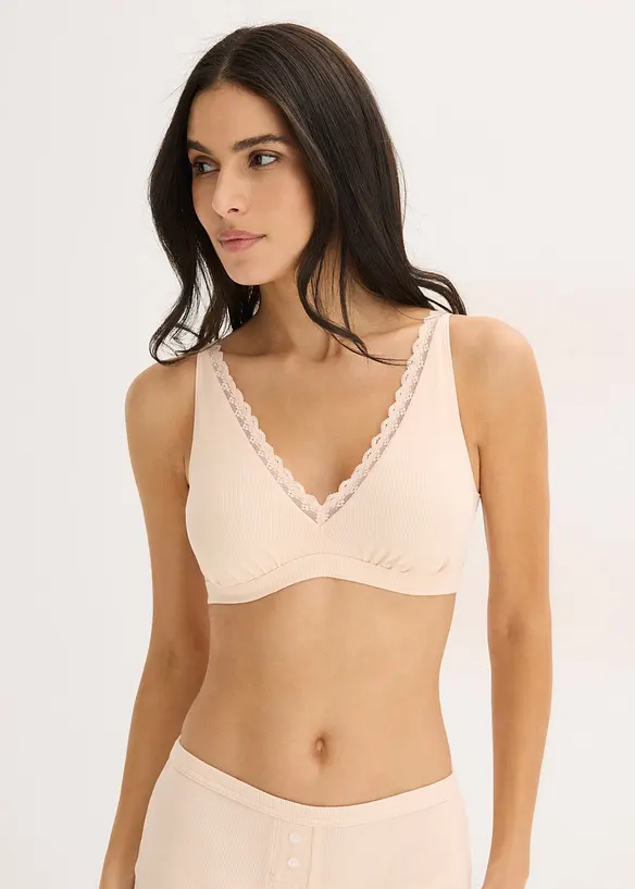 Geribde bralette met biologisch katoen en kant, bonprix
