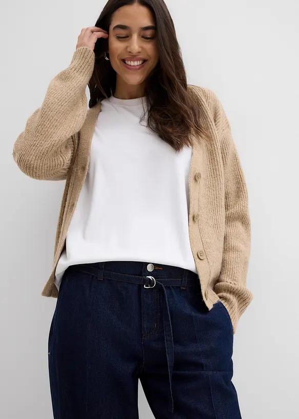 Wide leg jeans mid waist met riem, bonprix