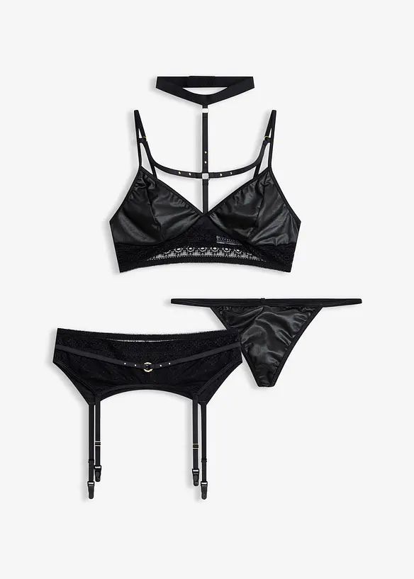 Bralette, string, jarretels in wetlook (3-dlg. set), bonprix