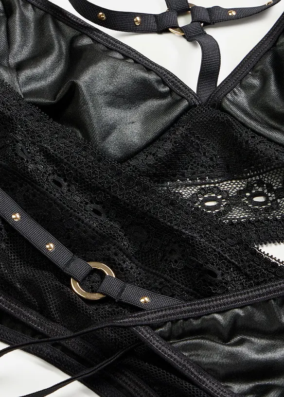 Bralette, string, jarretels in wetlook (3-dlg. set), bonprix