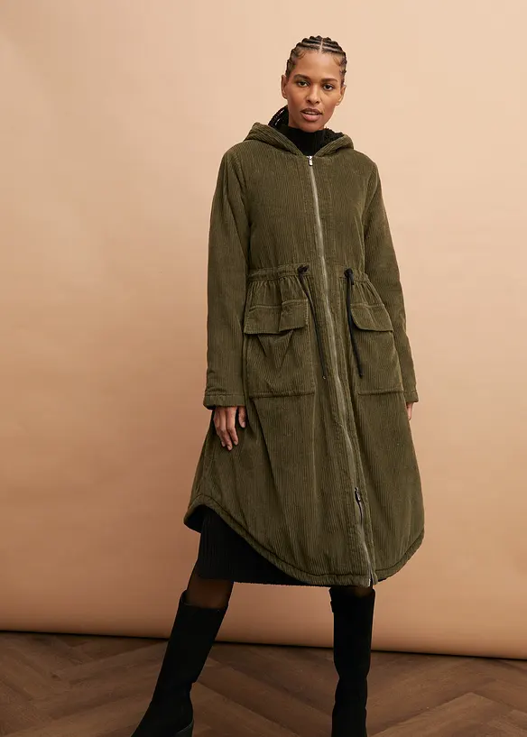 Lange corduroy jas met teddy fleece capuchon, bonprix