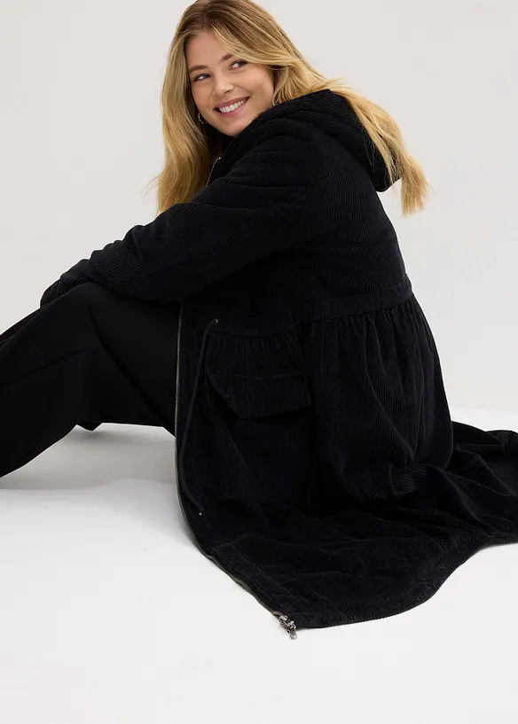 Lange corduroy jas met teddy fleece capuchon, bonprix