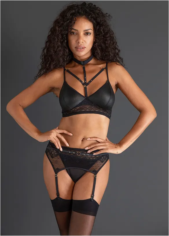 Bralette, string, jarretels in wetlook (3-dlg. set), bonprix