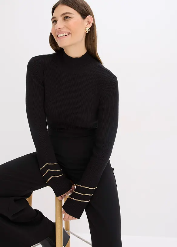 Fijngebreide trui met goude biezen, bonprix