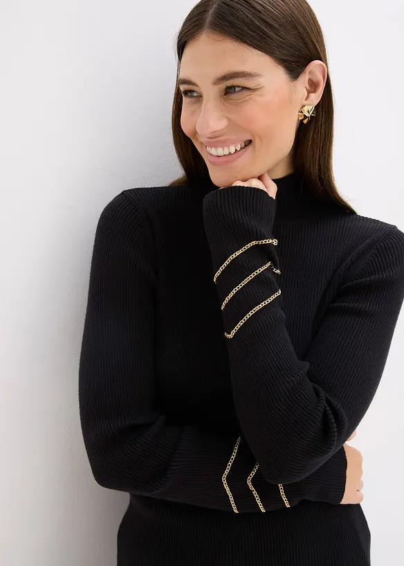 Fijngebreide trui met goude biezen, bonprix