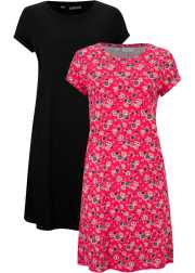 Comfortabele shirtjurken met katoen in een van 2: effen en 1x met een bloemenprint - lichtgrijs gebloemd+zwart
