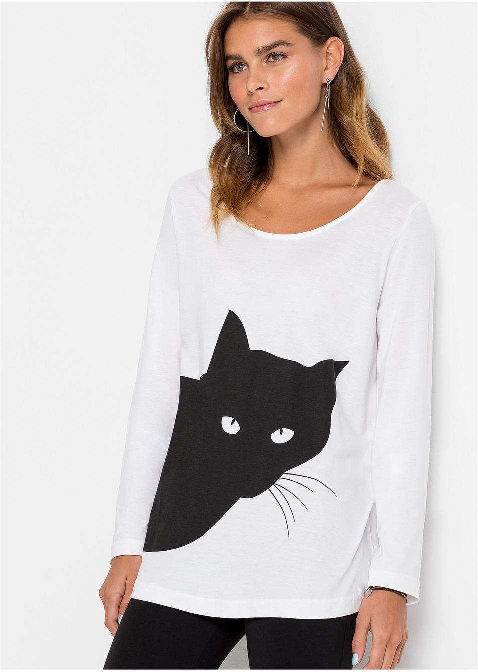 Longsleeve met poezenprint wit/zwart - Dames - bonprix.nl