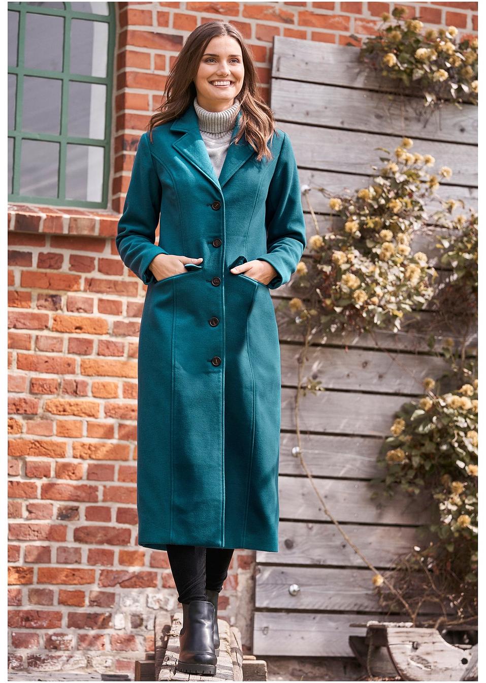 Flatteuze, lange jas met revers in wollen look - blauwpetrol