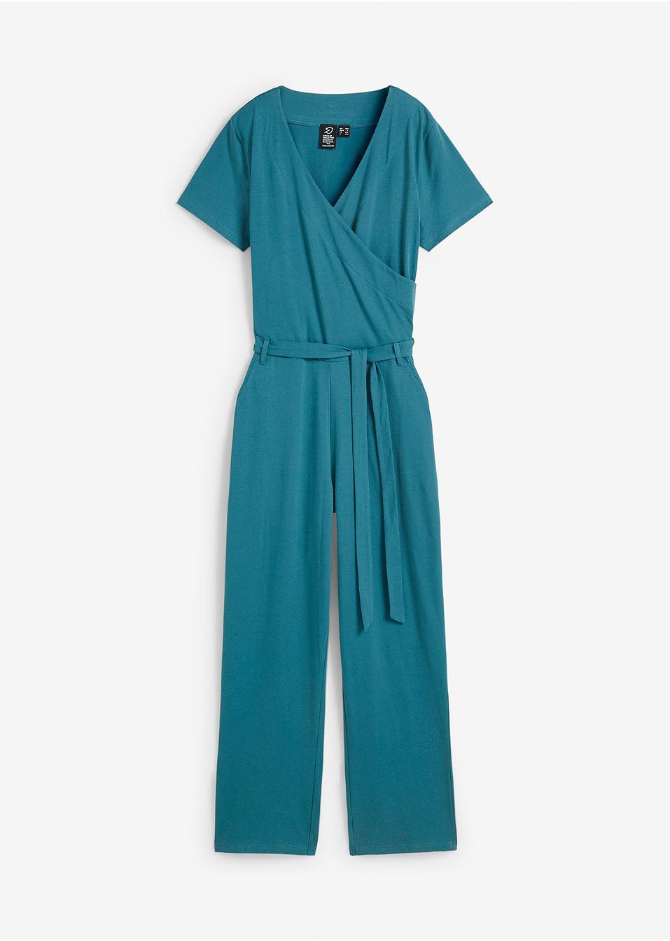 Luchtige jumpsuit met een V-hals en een strikceintuur in de taille - mat  petrol