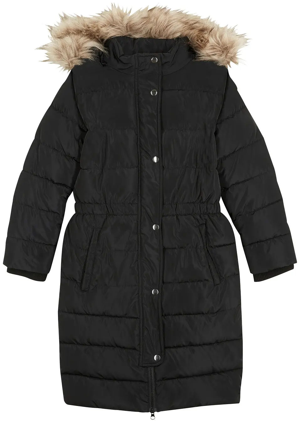L SERVER Kinder Winterjas voor meisjes, fleece en dikke gewatteerde jas, winddichte warme wintermantel met bontcapuchon, zwart, 122-128